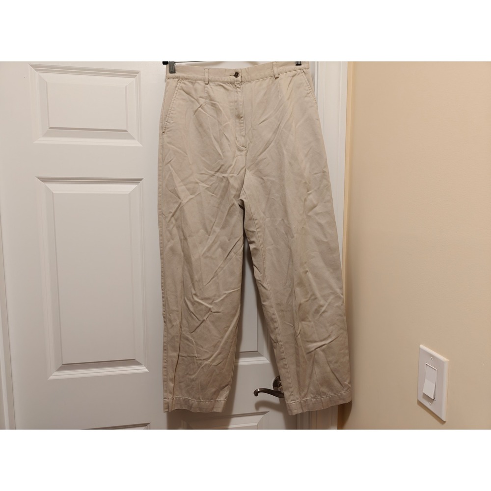 LL Bean Womens Khaki Chino Pants High Rise Elastic Back Cotton Twill 14 Reg